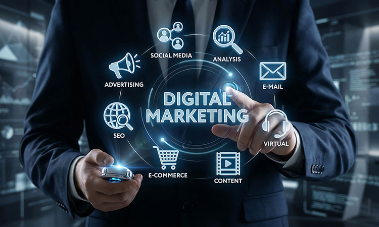 Geschäftsmann interagiert mit einem holografischen Interface mit Begriffen wie SEO, Content und Advertising zur digitalen Marketingstrategie.