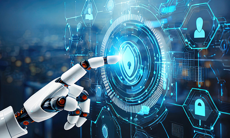 Roboterfinger berührt eine futuristische digitale Oberfläche mit Symbolen für Datensicherheit und künstliche Intelligenz.